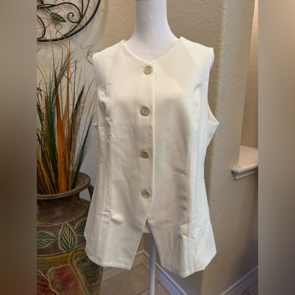 NWT OGL White Sleeveless Longline Button-Up Vest/Waistcoat Women’s Size Large - Picture 2 of 14